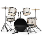 Full Size Adult Drum Set 5-Piece Silver with Bass Drum, two Tom Drum, Snare Drum, Floor Tom, 16" Ride Cymbal, 14" Hi-hat Cymbals, Stool, Drum Pedal, Sticks - Image 7