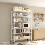 Six-layer, freely removable display stand with one row of side hooks, adjustable feet and wheels, iron, 117*45*208cm, powder-coated white - Image 3