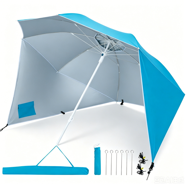 2-in-1 Portable Beach Umbrella with Side Panels UPF 50+ Silver Coated Oxford Cloth, Wind Resistant Vented Canopy with Sand Anchor Stakes Wind Ropes - Turquoise