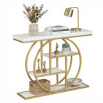 41 Inch Console Table with 3 Tier Open Shelves, Modern Entryway Sofa Table with O-Shaped Metal Frame for Living Room Hallway - White - Image 5