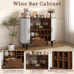 39" Fluted Liquor & Coffee Bar Cabinet with 6 Wine Racks and 3 Glass Holders, Mid-Century Modern Bar Cabinet with A Large Storage Drawer ,4 Hidden Storage Space on the Side , White - Image 19