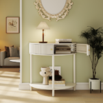 Artisan-Crafted Wave-Pattern Demi-Lune Console Table with Creamy White Finish,Unique Half Moon Design End Table with 2 Storage Drawers and Bottom Shelf for Living room, Bedroom, Study, Hallway - Image 19