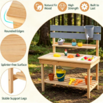 Natural Fir Wood Children Mud Kitchen Toy, Interactive Outdoor Sensory Play Station with Storage Shelves, Safe Rounded‑Edge Play Kitchen for Backyard Garden - Image 8