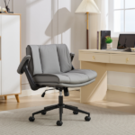 Cross Legged Chair with Flip-Up Armrests Leather, Cross Legged Office Chair on Wheels, Comfy Swivel Chair with Wide Seat for Home Office, Vanity, Ergonomic Desk Chair Adjustable, Grey - Image 9