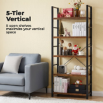 5-Tier Bookshelf, Modern Narrow Bookcase with 30lbs Shelf Capacity, Storage Shelf for Living Room/Office, Brown (Shipment from Walmart) - Image 5