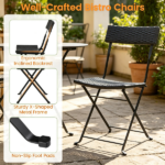 3 Piece Folding PE Rattan Bistro Set, Black Wicker Patio Dining Set with 1 Coffee Table & 2 Ergonomic Chairs, Foldable Outdoor Furniture for Garden Backyard Poolside - Image 4