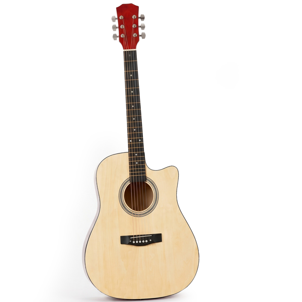 Natural wood color 41-inch Dreadnought barrel-shaped cutaway acoustic guitar with pick, strings, capo, gig bag, tuner, wrench tool, and shoulder strap