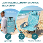 1 PCS Aluminum Beach Chair, 8.5 Inch Seat Height Teal Tribal Pattern, Adjustable Folding Chair with Headrest, Shoulder Strap, 2-in-1 Cup Holder Side Pocket, Back Cooler Bag, Integrated Oxford Fabric with Crossbar, 5 Positions Reclining Lounger, 63x109x84cm, Load Capacity 120KG - Image 5