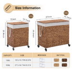 100L 2-Section Laundry Hamper with Lid and Wheels, Woven Natural Water Hyacinth Rolling Laundry Hamper - Image 3