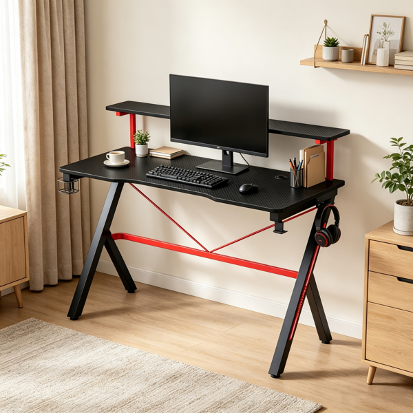 9996acf6-23d4-4592-ad2a-a08318478256.png 47 Inch Black Gaming Desk with Elevated Monitor Shelf Rotatable Cup Holder And Headphone Hook Racing Computer Workstation for Home Office - Image 1