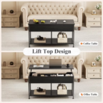 Lift Top Coffee Table with Storage 39" Center Table with Hidden Compartment & 2 Shelves Farmhouse, Wood Coffee Table for Living Room with Sturdy Lift-Top Adjustable Feet Black (Shipment from Walmart) - Image 6