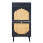 Rattan-front shoe cabinet with 1 drawer and 2 flip-down compartments, particleboard, 54*24*110cm, black - Image 2