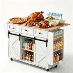2 Barn Doors with Sliding Rails 3 Drawers 3 Shelves Serving Cart Rubberwood Countertop + MDF Cabinet Dining Cart 47.24*29.49*35.08in White - Image 4