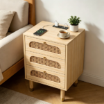 3-Drawer Nightstand with Rattan-Style Finish 15.75"*13.78"*23.82" with Power Outlet Oak - Image 12