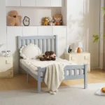 Twin Single-Layer Wooden Bed Vertical Decorative Strips Curved Headboard and Footboard Bed Frame Painted Pine Bed Frame 79.33*42.52*38.98in Grey - Image 9
