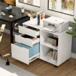 3-Drawer File Cabinet with Wheels, Rolling Wood Printer Stand with Open Storage Shelves for Home Office, White