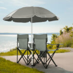 Portable Outdoor 2-Seat Folding Chair with Removable Sun Umbrella Grey - Image 2