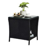 Outdoor Patio Wicker Side Table, Square End Table Bistro Coffee Table with Glass Top Storage Shelf for Porch Garden Backyard Black - Image 10