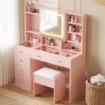 LED Tri-Color Lighting Dressing Table Set Particleboard with Textured Melamine Finish Dressing Table with Power Strip 5-Drawer Dressing Table with Shelves and Hooks 47.24*15.75*53.54in Apple Pink - Image 9