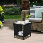 Outdoor Patio Wicker Side Table, Square End Table Bistro Coffee Table with Glass Top Storage Shelf for Porch Garden Backyard Black - Image 22