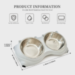Anti slip base double cat food bowl, gray stainless steel food and water bowl, easy to clean and detachable design, cat and dog pet feeder