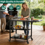 Outdoor Grill Table for Big Green Egg Style BBQ, Heavy Duty Metal Cart Prep Table with Wheels, Storage Shelf, Hooks and Removable Central Cover, Compatible with Large Big Green Egg Grill - Image 12