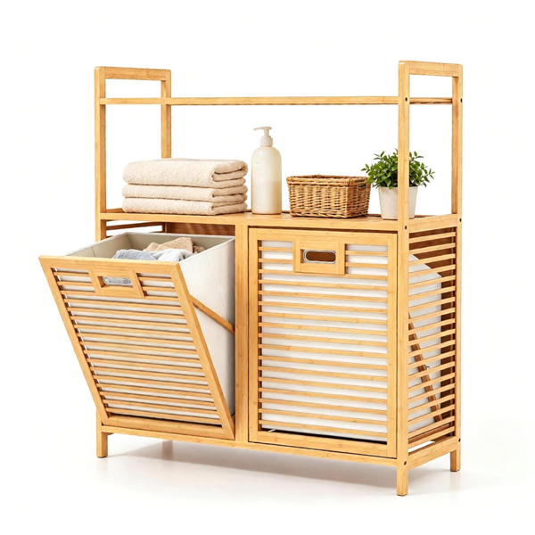 9a9cc3da-584f-4c21-96b1-2111877bf6d1.png 32 Inch Double Compartment Bamboo Laundry Organizer Freestanding Cabinet, Raised Guardrail Top Shelf Rounded Corner Dirty Clothes Bin Separate Light Dark Clothes Storage Natural Finish - Image 1