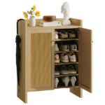 42.5" Tall Rattan Shoe Cabinet with Doors, 6-Tier Wooden Freestanding Shoe Storage Organizer with Adjustable Shelves, Mid-Century Entryway Shoe Cabinet for Hallway & Living Room - Image 12