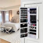 Non Full Mirror Wooden Wall Mounted 4-Layer Shelf, 2 Drawers, 8 Blue LED Lights, Jewelry Storage Mirror Cabinet - White - Image 14