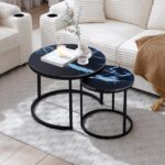 Set 2 Coffee Table Nesting Black top Black Frame Circular Round and Marble Pattern Wooden Tables, Living Room Bedroom Apartment Modern Industrial Simple Nightstand - Image 9