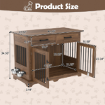 44.48" Large Dog Crate Furniture, Indoor Wooden Dog Kennel End Table with 2 Storage Drawers and Rotating Bowls, Decorative Pet Cage Dog House for Medium Dogs,Brown - Image 4