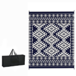 8' x 10' Waterproof Reversible Outdoor Rug: Blue White Rhombus Border Plastic Straw Rug with Carry Bag - Image 3