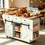 2 Barn Doors with Sliding Rails 3 Drawers 3 Shelves Serving Cart Rubberwood Countertop + MDF Cabinet Dining Cart 47.24*29.49*35.08in White - Image 10