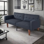 Modern PU Leather Futon Sofa with Tufted Backrest, Adjustable Reclining Couch with Wood & Metal Legs, Mid-Century Style Sofa for Living Room - Image 8