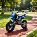Blue 12V Kids Electric Motorcycle – Twist Handle Throttle, Safety Training Wheels, Rear Suspension System, Music Playback - Image 6