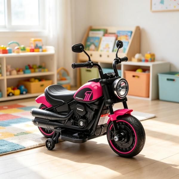 9b82ea6e-48e2-41c7-b3aa-4a469f2c4441.png Pink 6V Kids Electric Motorcycle – with Safety Training Wheels, Single-Button Start for Young Riders - Image 1