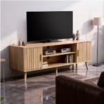 59.05 Inch Low Profile TV Stand - Light Brown Laminate Particle Board Media Console with Double Slatted Doors, Entertainment Center for Living Room & Bedroom - Image 9
