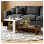 2-Tier Modern Geometric Coffee Table Engineered Wood Low Center Table with Storage Shelf, Waterproof Surface Cross Base Accent Table for Living Room Tea Game Work - Brown & White - Image 8
