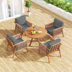 Gray Boho Patio Acacia Wood Chair with Woven Rope Armrests, Cushioned Outdoor Accent Chair for Porch Balcony - Image 4