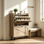 2-Drawer Barn Door Shoe Cabinet with Side Panel Countertop Melamine Board Embossed MDF Shoe Cabinet 31.61*9.45*39.37in Grey Oak - Image 9