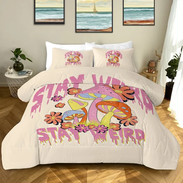 Weird Mushroom Comforter Set Twin - Soft Pink and Red Mushroom Bedding Set with Flower 3 Piece Aesthetic Mushroom Bed Set for Kids Boys Girls (Twin, Yellow)