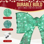 Pre-lit Outdoor Giant Bowknot Christmas Decoration, Lighted Metal Frame with 124 Green LED Lights, for Front Door Gate Wall Indoor Outdoor Holiday Party, Green - Image 7