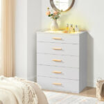 Particleboard Wood Three Drawers With LED Light Bedside Table Dresser Nightstand White - Image 10