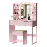 Pink particleboard with a melamine finish, a 2-drawer, 4-shelf dressing table set with 10 three-tone light bulbs, a power strip, and a grille. - Image 2