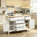 White Adjustable Shelves Sideboard – Buffet Cabinet with Storage Drawers, Rubber Wood Top Coffee Bar - Image 9