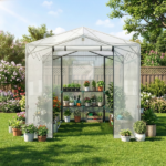 8*12ft Plastic Sprayed Iron Pipe PE Mesh Foldable Greenhouse Shed White - Image 9