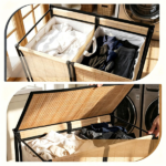 Compact Rolling Bamboo Laundry Hamper with Lid, 2 Sorting Compartments Removable Oxford Liner Bags 360° Lockable Wheels Metal Frame Under Counter Clothes Sorter - Natural Black - Image 10