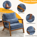 Mid-Century Oak Accent Chair - Deep Navy Blue Chenille Upholstered Single Lounge Chair, Sturdy Wood Frame Indoor Armchair (330LBS Weight Capacity) - Image 5