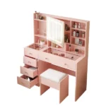 LED Tri-Color Lighting Dressing Table Set Particleboard with Textured Melamine Finish Dressing Table with Power Strip 5-Drawer Dressing Table with Shelves and Hooks 47.24*15.75*53.54in Apple Pink - Image 5
