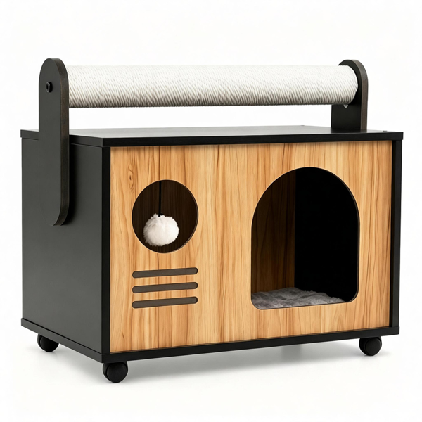 Wooden Cat Cave House with Dual-Use Sisal Scratching Post Handle, Engineered Wood Indoor Cat Condo with Hanging Bell Ball Removable Washable Cushion Anti-Scratch Foot Pads for Small Medium Cats Natural Black